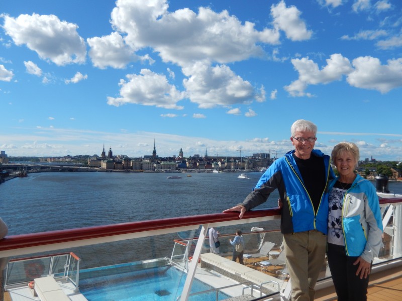 That's us on the ship with Stockholm in the background. Hey! It's sunny for a change! And we're only wearing light jackets instead of warmer ones.