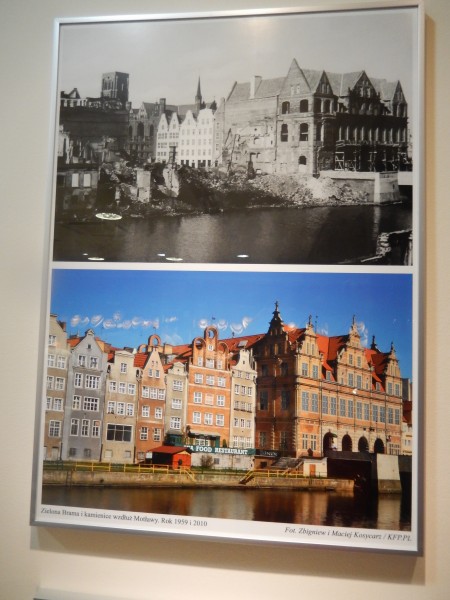 This is a before-and-after picture of one small part of Gdansk. The upper portion shows the war damage and the lower portion shows the reconstruction.