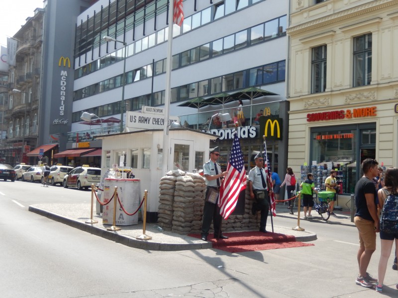 This is the fake building, complete with fake soldiers, at the real site of the American Checkpoint Charlie.